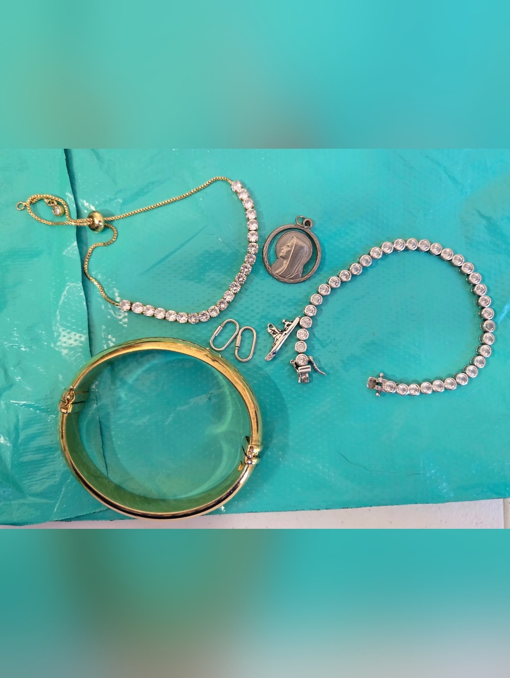 Sterling Silver Bangle and Sterling Silver Tennis Bracelet Set - Gold and Clear